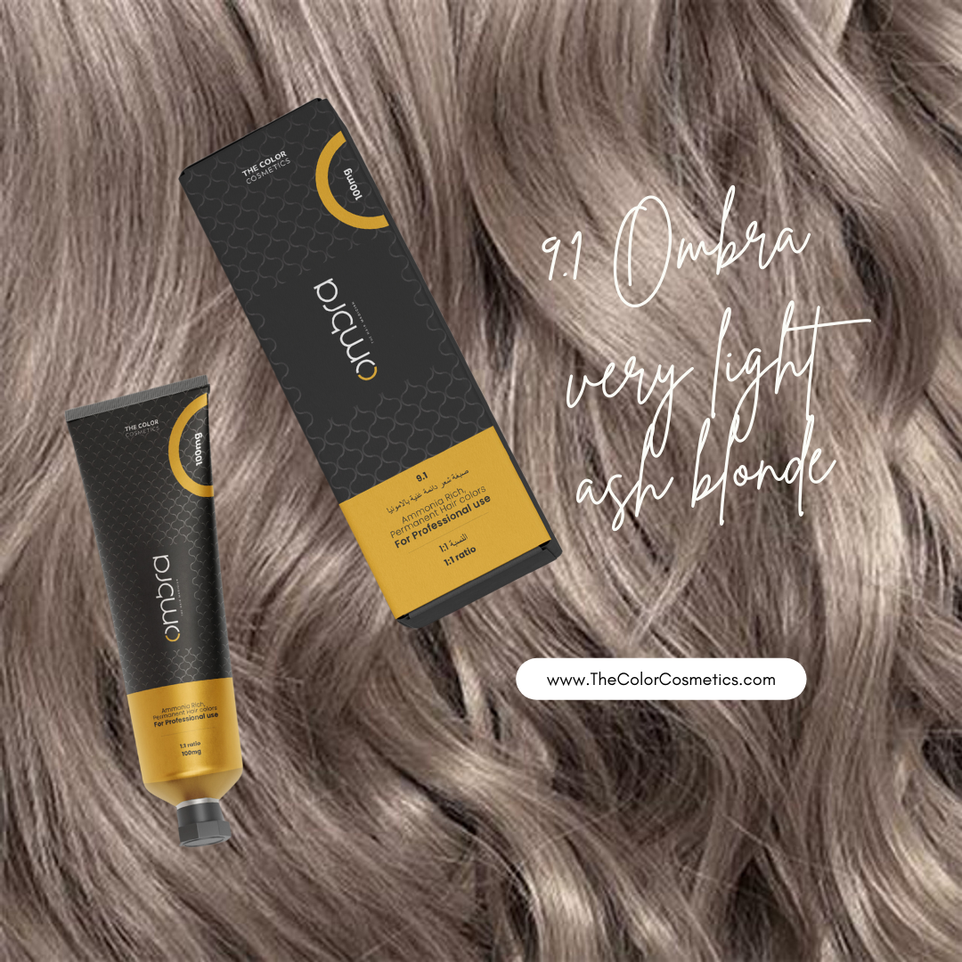 Ombra Hair Color tube with Shade 9.1 Very Light Ash Blonde swatch – displaying cool-toned pale blonde color on a silky hair sample against a white background.