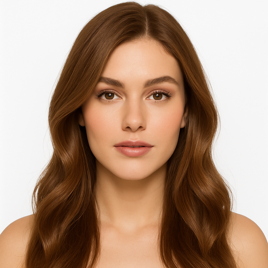 Woman with Ombra 6.32 Dark Golden Blonde hair – soft waves and warm golden tones against a clean white background