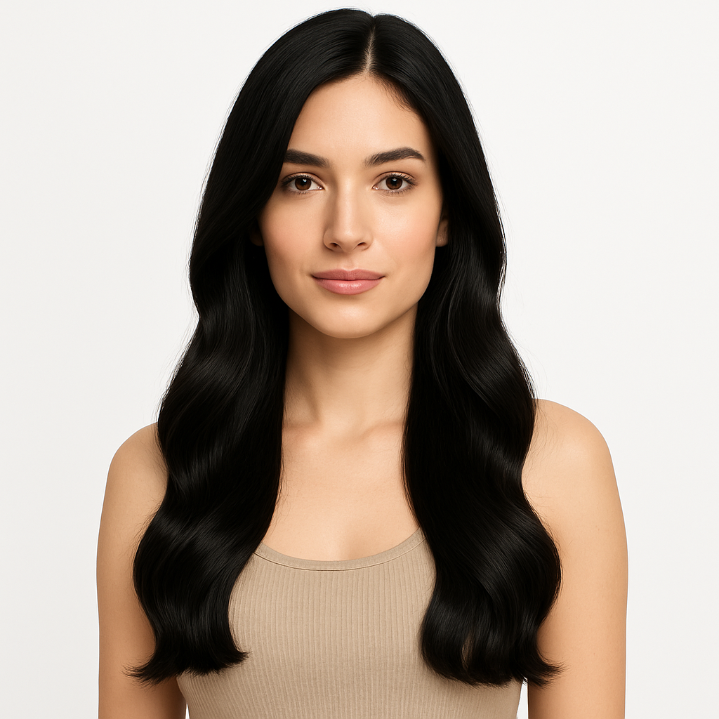 Woman with long, wavy natural black hair (Ombra Shade 1) wearing a beige top, against a white background, showcasing deep black color with a glossy finish.