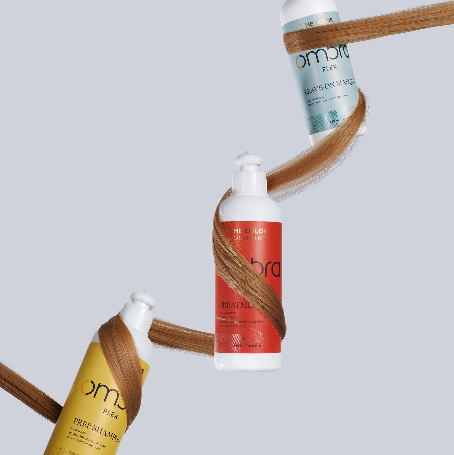 Ombra Plex hair care trio—Prep Shampoo, Treatment, and Leave-On Masque—shown with a hair strand to depict peptide bond repair, strengthening, and salon-like results for damaged, bleached, or chemically treated hair
