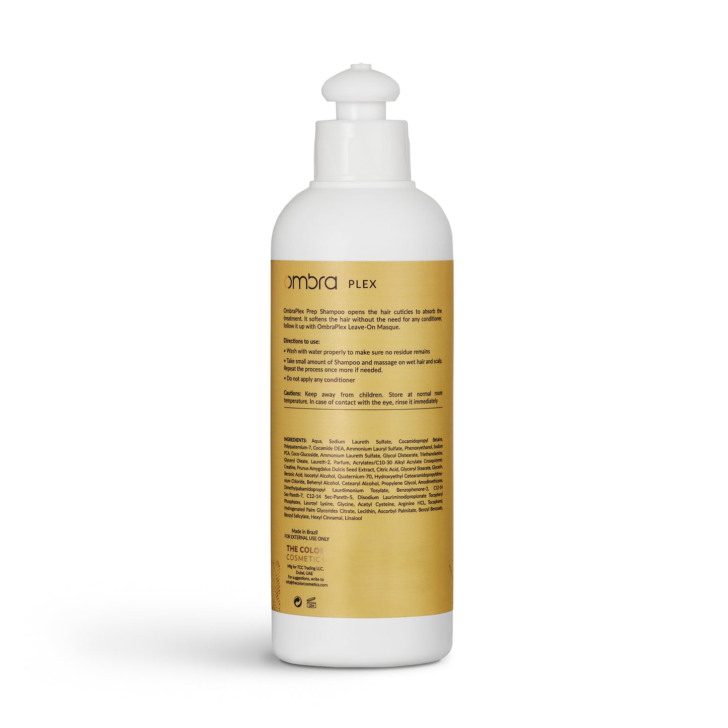 Back label of Ombra Plex Prep Shampoo bottle displaying ingredients, pH-balancing formula details, and usage instructions for dry, bleached, or chemically damaged hair
