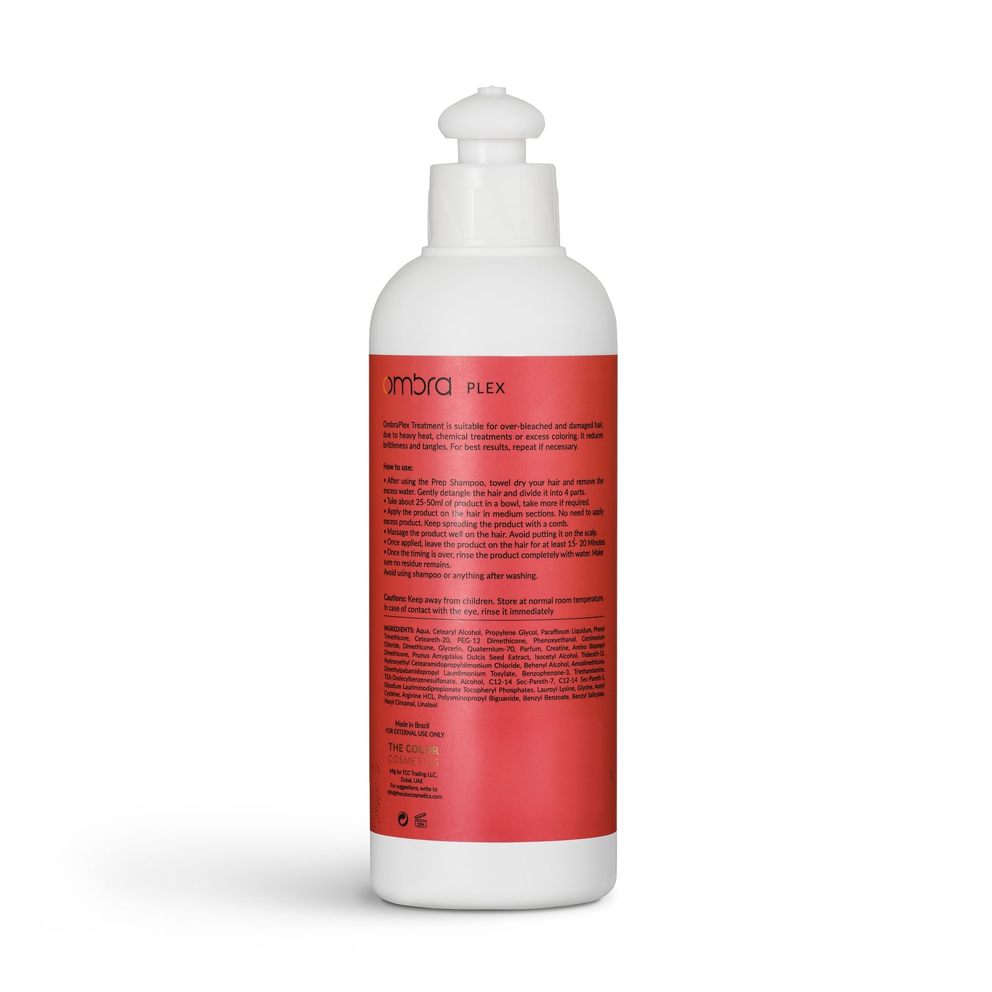 Back label of Ombra Plex Treatment bottle detailing ingredients, instructions, and bond-repair benefits—formulated to rebuild broken peptide and hydrogen bonds in chemically damaged hair
