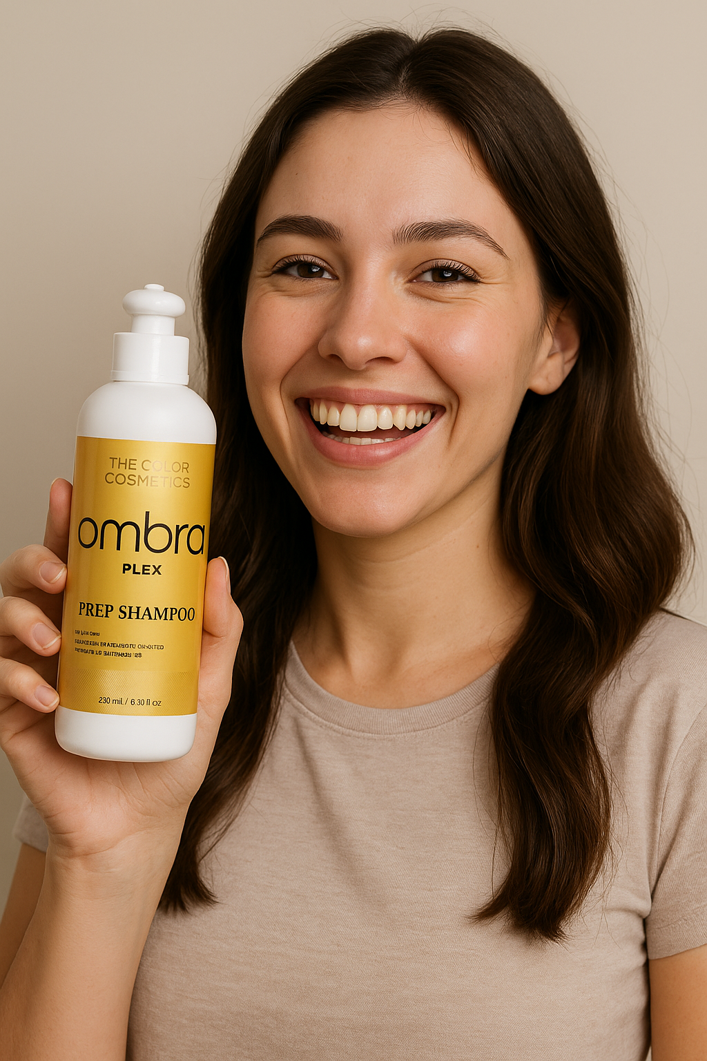 Woman holding Ombra Plex Prep Shampoo for dry, damaged, and chemically treated hair—pH-balancing cleanser designed to prep and restore over-processed hair