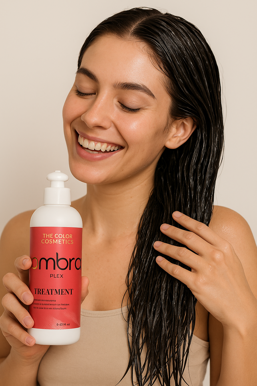 Woman holding Ombra Plex Treatment bottle, waiting for the 15-minute absorption time as the bond-repair formula strengthens and rebuilds damaged, bleached, and chemically treated hair