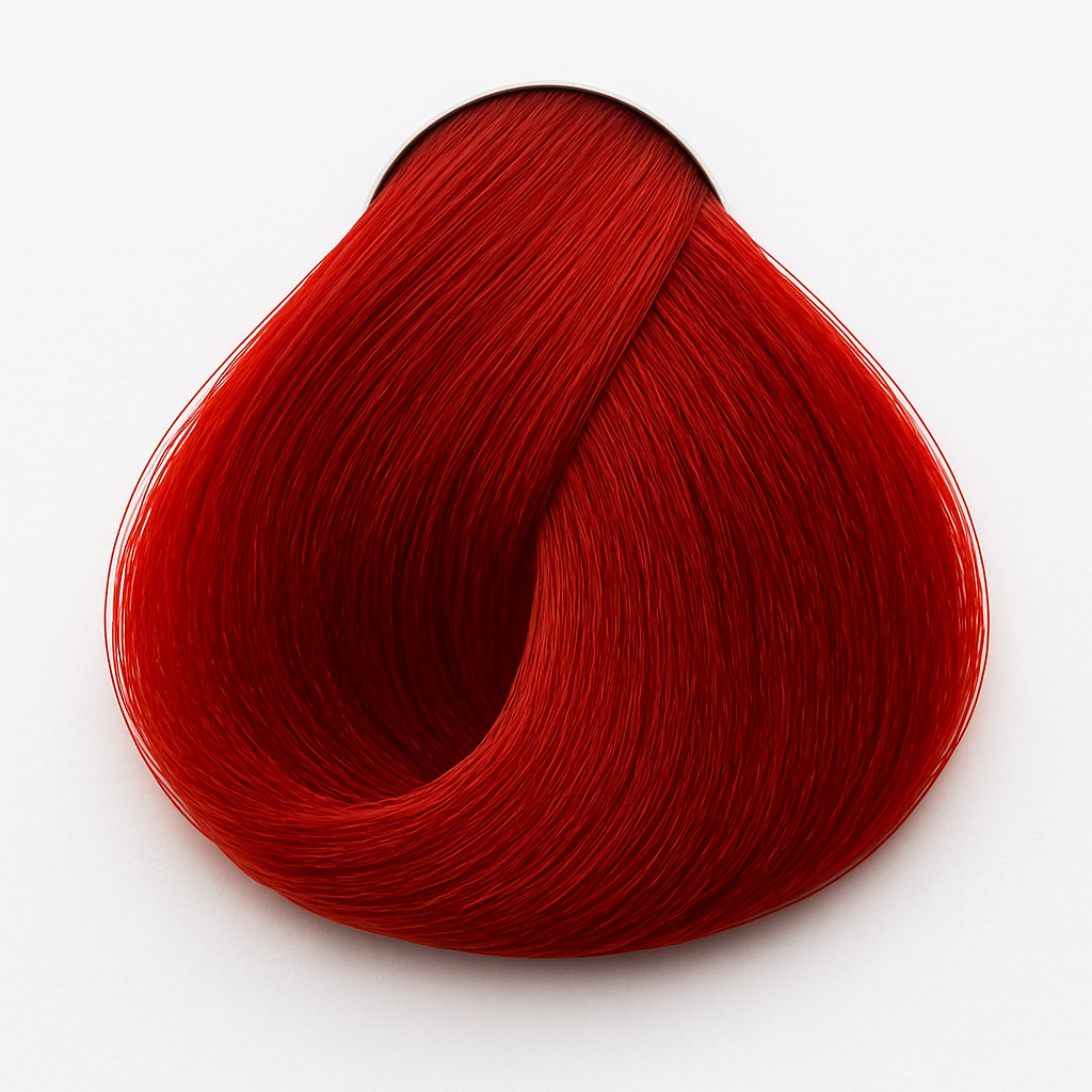 Close-up of Ombra Hair Color swatch in Shade 0.6 Flame Red – vibrant, fiery red tone on a silky hair sample, showcasing bold permanent hair color.