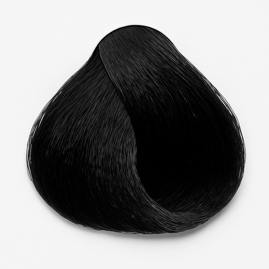Close-up of Ombra Hair Color swatch in Shade 1 Natural Black – deep, rich black tone on a smooth hair sample, showcasing full gray coverage and shine.