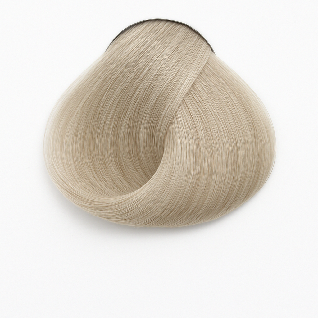 Close-up of Ombra Hair Color swatch in Shade 9.1 Very Light Ash Blonde – cool-toned pale blonde displayed on a silky hair sample against a white background.