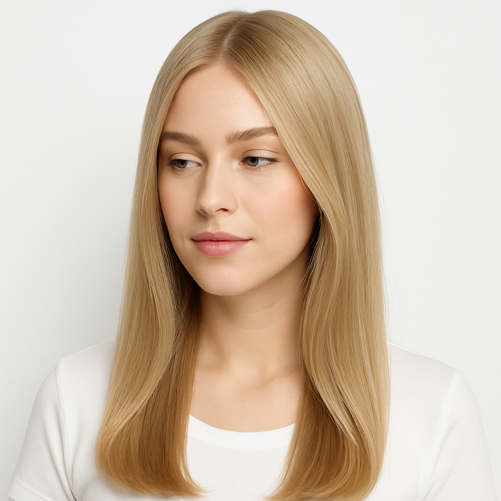 Woman with very light ash blonde hair (Ombra Shade 9.1), featuring cool, silvery blonde tones with natural shine, against a clean white background.