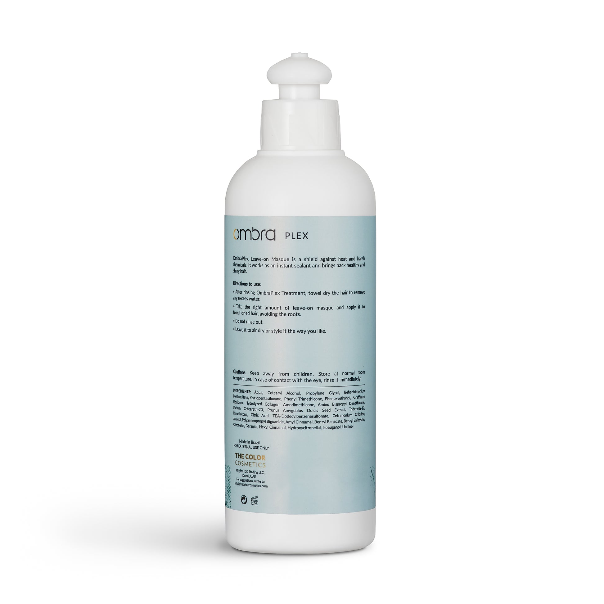 Back label of Ombra Plex Leave-On Masque bottle showing ingredients, usage instructions, and benefits like UV protection, heat defense, and cuticle sealing