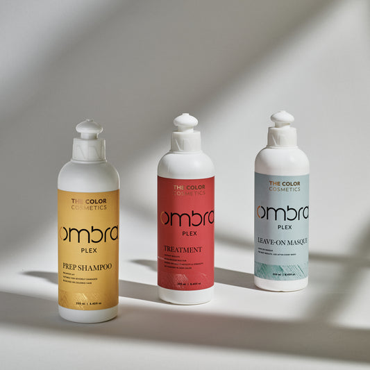 Ombra Plex complete hair repair set with Prep Shampoo, Treatment, and Leave-On Masque—intensive 15-minute treatment for dry, damaged, bleached, or chemically over-processed hair; restores strength, seals cuticles, and provides UV and heat protection
