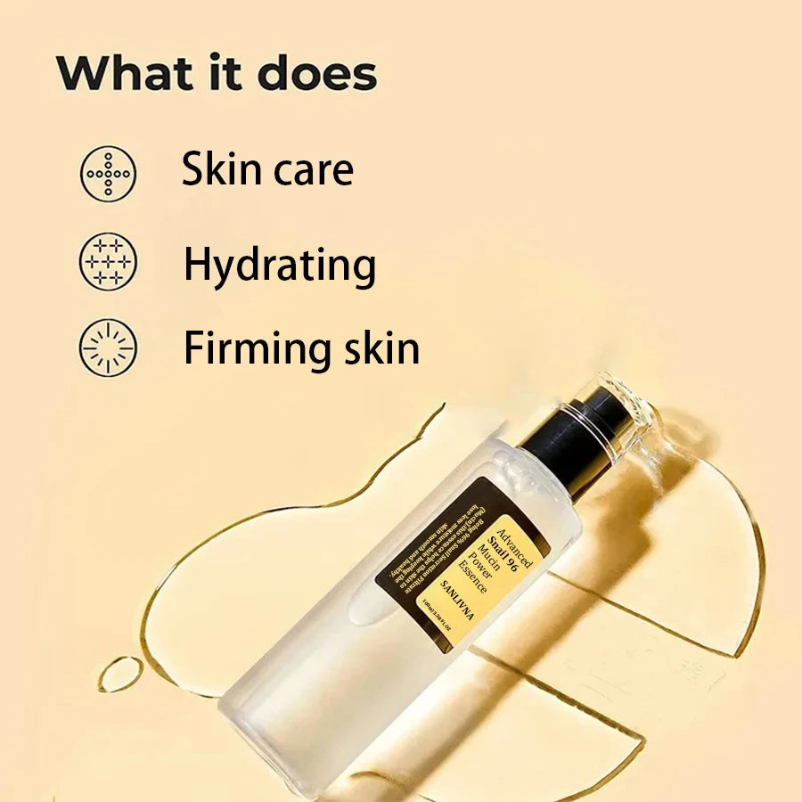 Multi-angle view of SANLIVNA snail mucin serum bottle – sleek design for premium skincare presentation