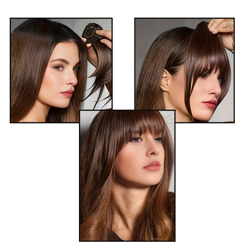 Before and after image of a woman wearing clip-on bangs – shown without bangs and with synthetic blunt fringe applied for an instant hairstyle transformation.