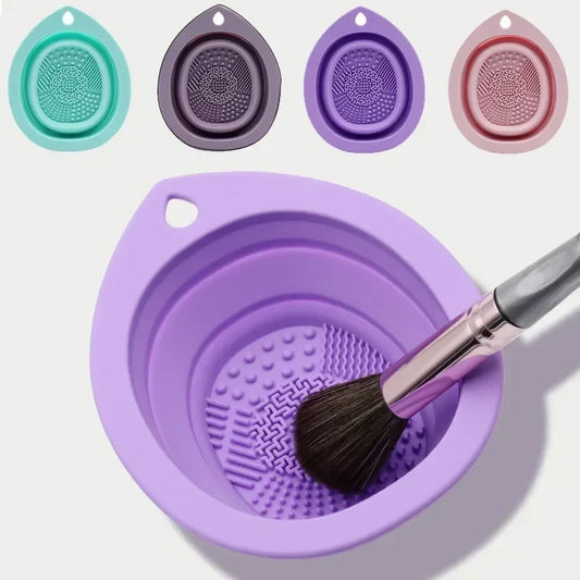 Dawndesslo foldable silicone makeup brush cleaning bowls displayed in multiple color variants – compact and portable beauty tool options