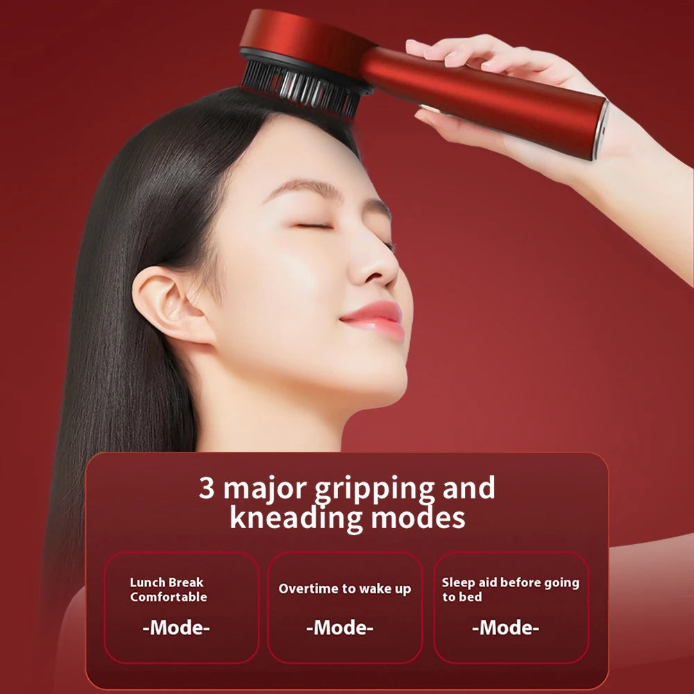 Woman using Hailicare scalp massage comb to massage her hair – promoting relaxation and hair growth with red light therapy