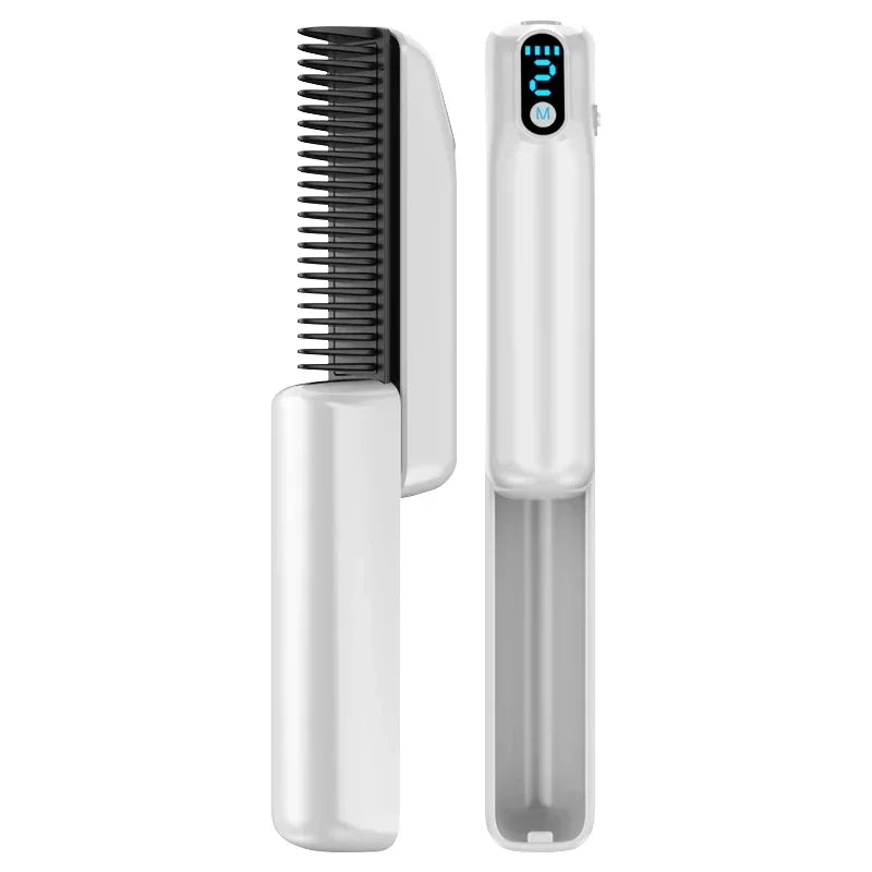 Silver FEMVY wireless hair straightener comb – portable negative ion styling brush with dual heat settings and anti-scald design