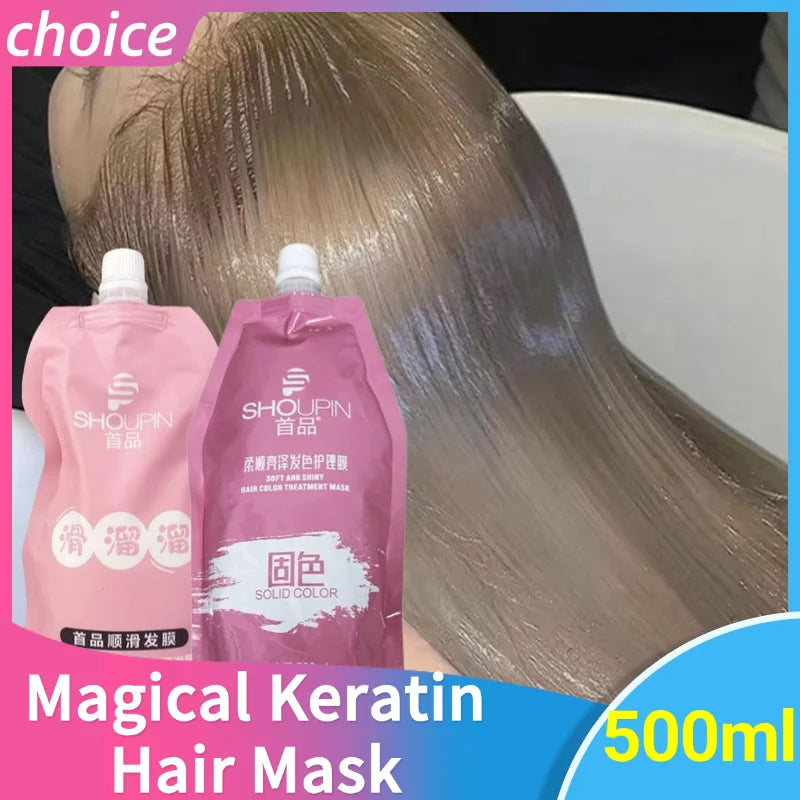 Magical Keratin Hair Mask 500ml pack on hair background
