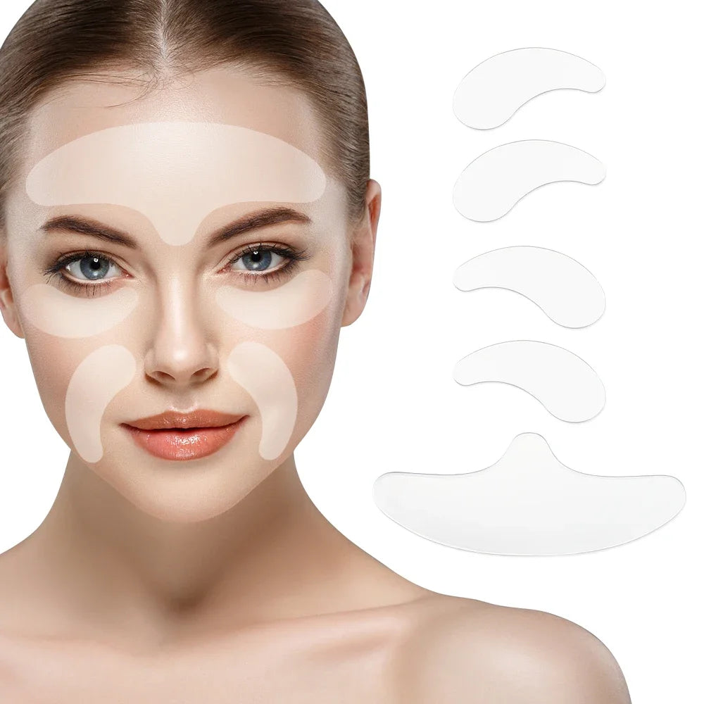 Woman applying forehead wrinkle patch – anti-aging silicone pad