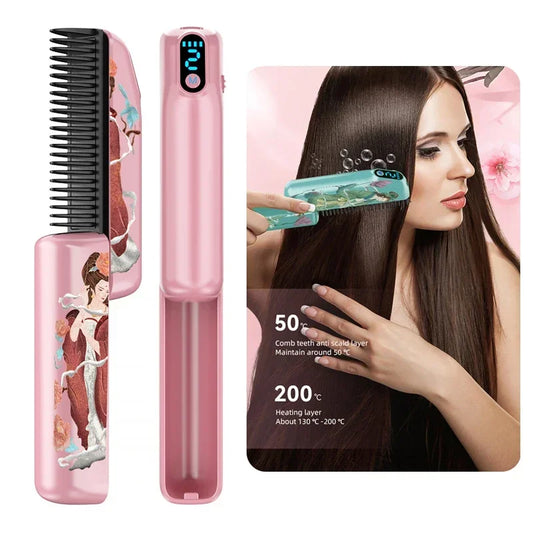 Woman using FEMVY cordless hair straightening comb – portable styling brush with dual temperature settings