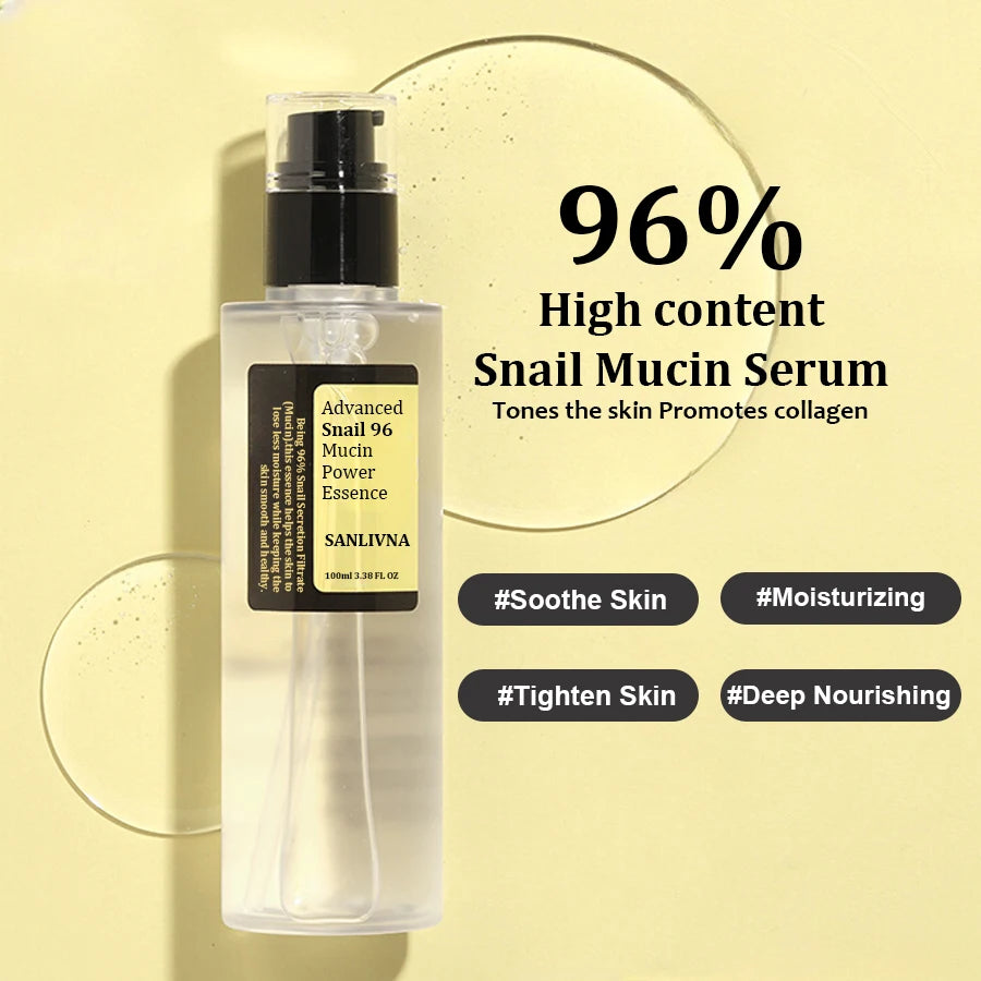 "Snail Mucin 96% Repair Essence by SANLIVNA – 100ml hydrating Korean skincare serum in clear bottle"