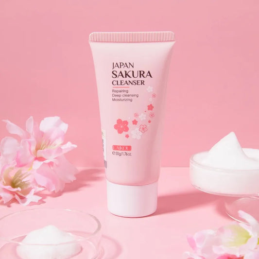 LAIKOU Sakura Facial Cleanser tube with cherry blossom background