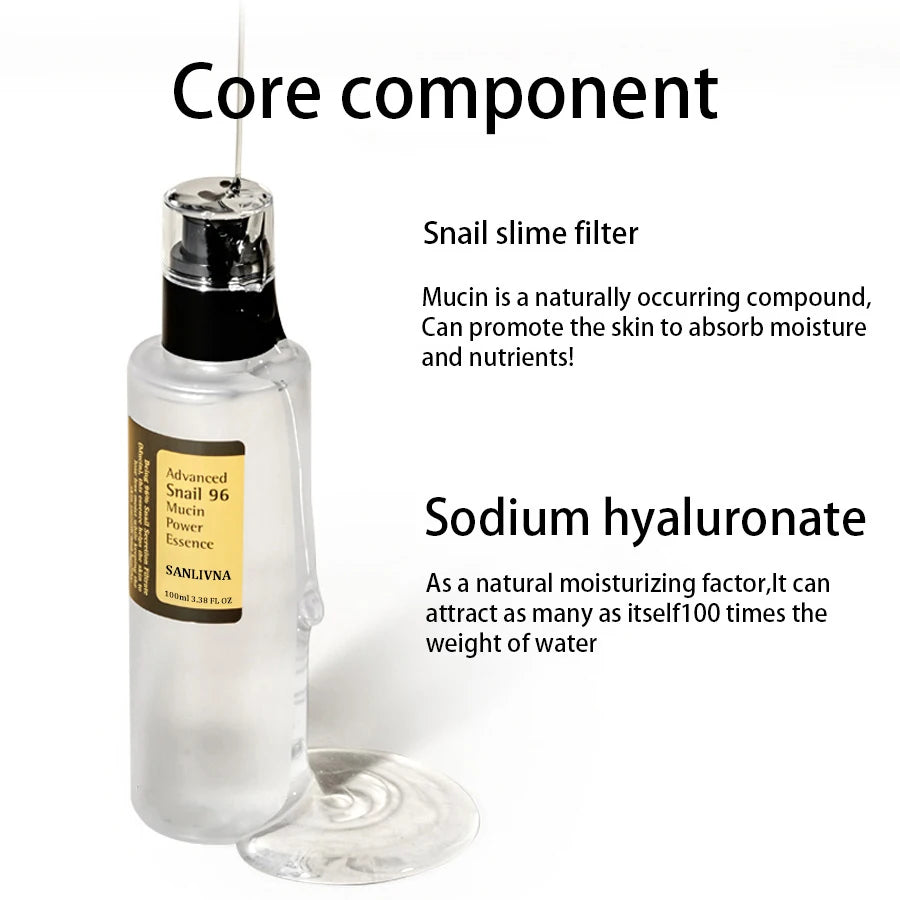 Close-up of snail mucin serum texture – lightweight, transparent essence for deep hydration and skin repair